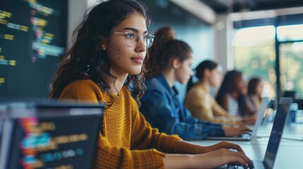 A high school girl focuses on a coding project in a bright classroom, while her classmates work on laptops, fostering a collaborative learning atmosphere
