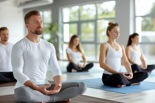 A diverse group of young individuals in sportswear meditating during a yoga class in a sunlit studio with floor-to-ceiling windows, creating a serene and harmonious atmosphere.