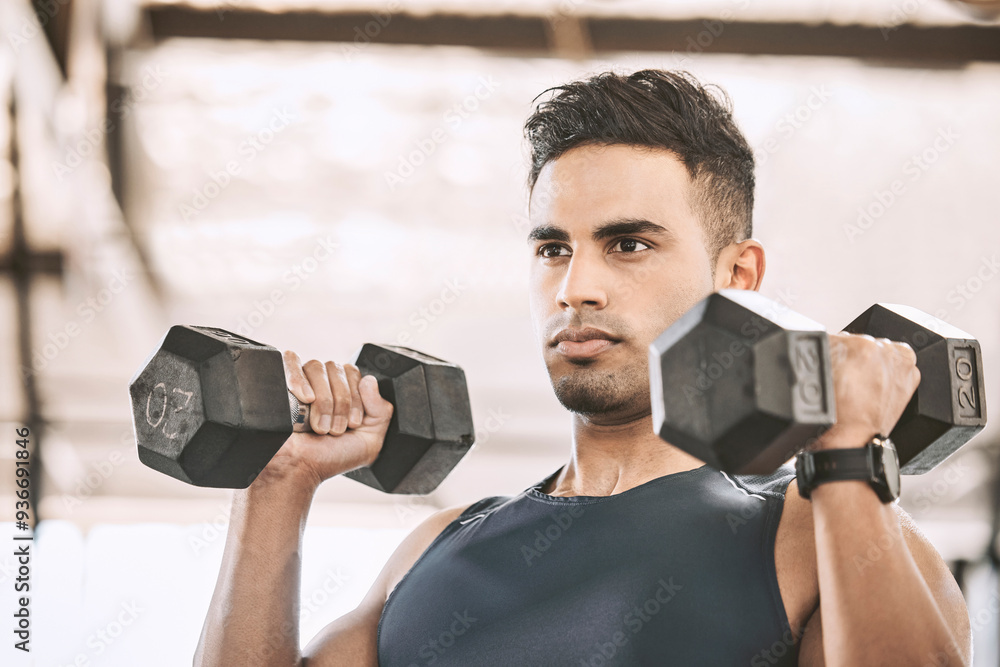 Canvas Prints Exercise, dumbbell workout and man at gym for weight training, health or fitness at sports center. Bodybuilder, arm muscle and strength for cardio, wellness and power lift or development goals