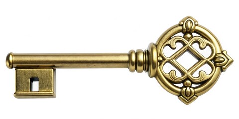 Shiny brass house key with intricate details and a comfortable grip, isolated on a white background, perfect for real estate, home, or security themed designs.
