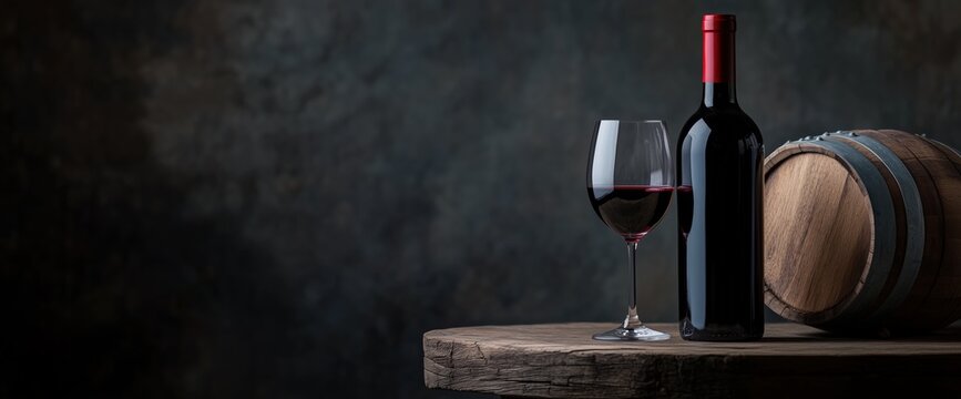 A vintage-style banner featuring a red wine bottle, glass, and barrel on a wooden table against a dark background with copyspace. Ideal for wine or winery related concepts