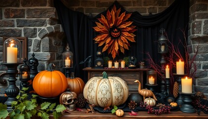 Obraz premium Halloween decorations with pumpkins, candles, and a spooky wreath.