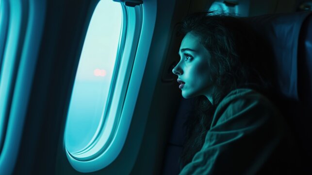 A young woman with flying anxiety stares out the airplane window with a worried expression, anxiously waiting for the plane to land.