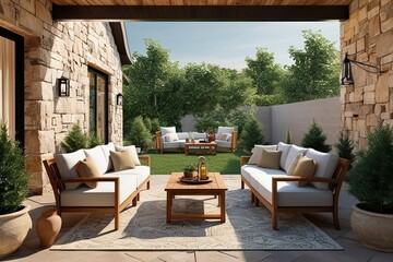 Rustic Outdoor Patio Mockup Featuring Natural Stone and Wooden Design Elements