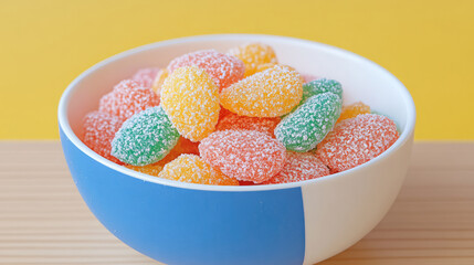 An image of a bowl containing an assortment of colorful, sugar-coated oval jelly candies set against a contrasting yellow background, perfect for sweet cravings.