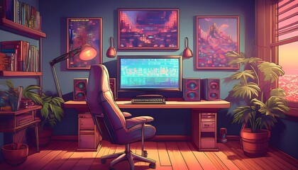 Modern Gamers Room - An 8-bit pixel art room with a gaming setup. The scene includes pc and table. Graphic art illustration