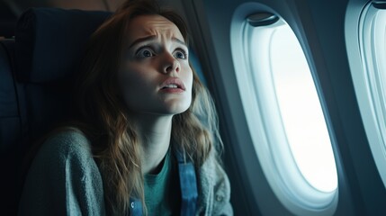 A young woman looks anxious and fearful while sitting by the window on an airplane, illustrating the concept of flying anxiety and fear during air travel.