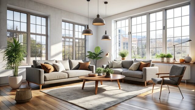 Sleek and modern Scandinavian-inspired living room with sparse decor, monochromatic color scheme, and plenty of natural light pouring in through large windows.