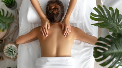 A woman lies peacefully on a massage table, enjoying a soothing massage in a tranquil spa setting filled with plants. The atmosphere is calm and rejuvenating