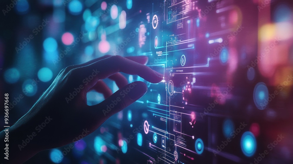 Poster Hand Interacting with Futuristic Interface of Digital Data