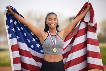American woman, flag and athlete with success as celebration for winner, competition and sports...