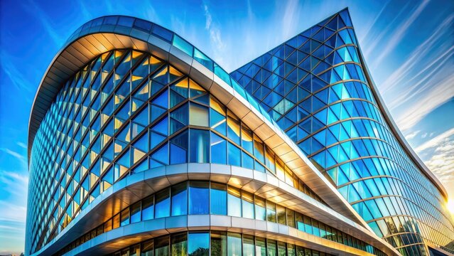 Sleek, modern architecture featuring a vibrant, curved geometric fa&ccedil;ade with intersecting lines, shapes, and reflective surfaces, set against a bright blue urban sky.