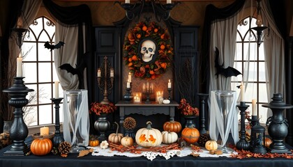 Obraz premium A spooky Halloween tablescape with pumpkins, candles, and a skull wreath.