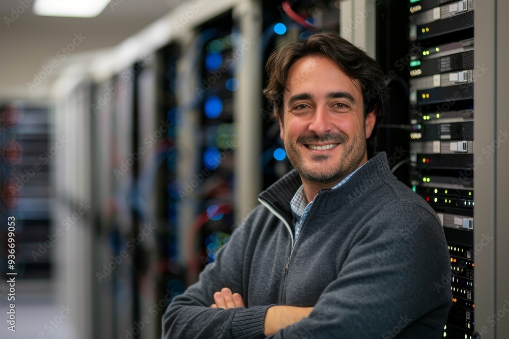 Poster a highly confident professional is posing proudly in a large data center filled with rows of server 