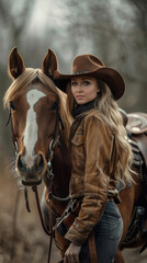 Fototapeta premium A girl in a cowboy hat and a leather jacket with a horse