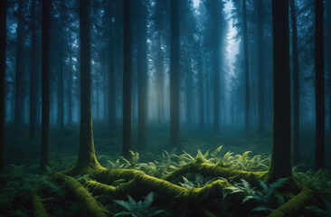 Obraz premium A dense forest shrouded in mist, with sunlight filtering through the canopy, illuminating the green ferns and tree roots on the forest floor