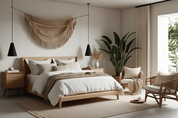Inviting Minimalist Bedroom Design 3D Render Showcasing Soft Coastal Charm and Natural Textiles