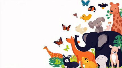 Fototapeta premium International Animal Rights Day. Horizontal banner. Wild Animals in the field. Copy space. Wildlife conservation. Helping homeless animals. Environmental, animal protection. Flat illustration