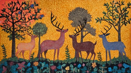 Brightly colored traditional Gond folk art from India featuring intricate patterns of deer grazing on a textured background
