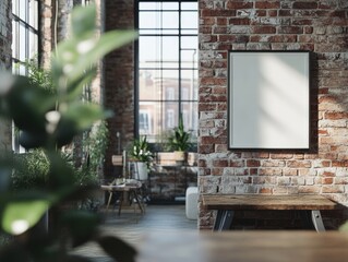 Mockup frame close up in loft interior background.