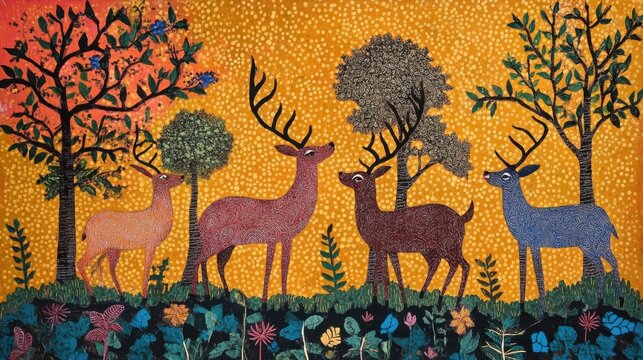 Brightly colored traditional Gond folk art from India featuring intricate patterns of deer grazing on a textured background
