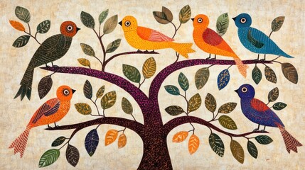 Brightly colored traditional Gond folk art from India featuring intricate patterns of birds on a textured background
