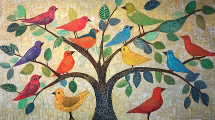 Brightly colored traditional Gond folk art from India featuring intricate patterns of birds on a textured background
