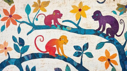 Obraz premium Brightly colored traditional Gond folk art from India featuring intricate patterns of monkeys on a textured background 