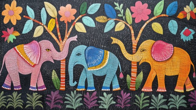 Brightly colored traditional Gond folk art from India featuring intricate patterns of elephants on a textured background
