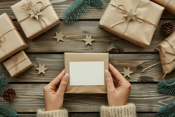 Fototapeta premium Woman hands wrapping Christmas gifts in craft paper on wooden background close-up, top view