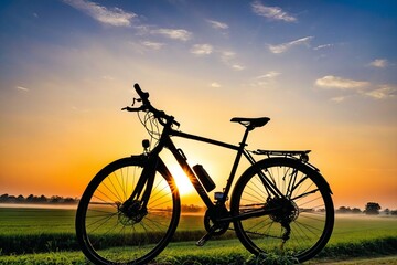 Fototapeta premium A lone bicycle parked in a green field with the sun setting in the background