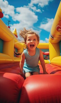 Youthful excitement - kids having fun on inflatable bounce house, highlighting school holiday entertainment, active lifestyle, sports, creating lively, engaging atmosphere for playful enjoyment