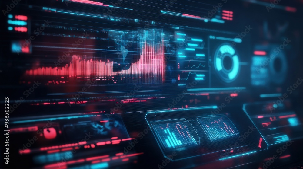 Poster futuristic technology interface with red and blue glowing data