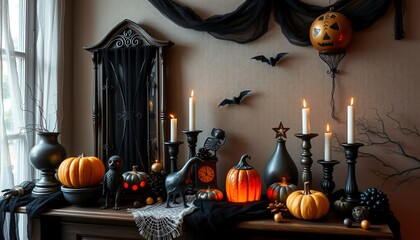 Halloween decorations on a dark wooden table, with pumpkins, candles, and spooky figurines.