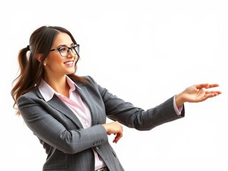 business woman pointing at something in white background