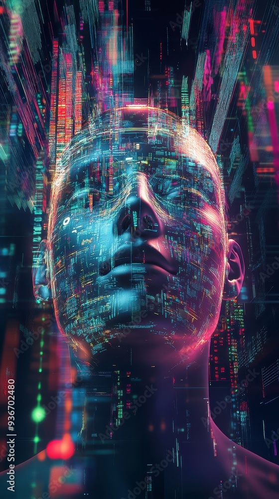 Poster a holographic ai face surrounded by vibrant data streams, symbolizing the power of ai in technology 