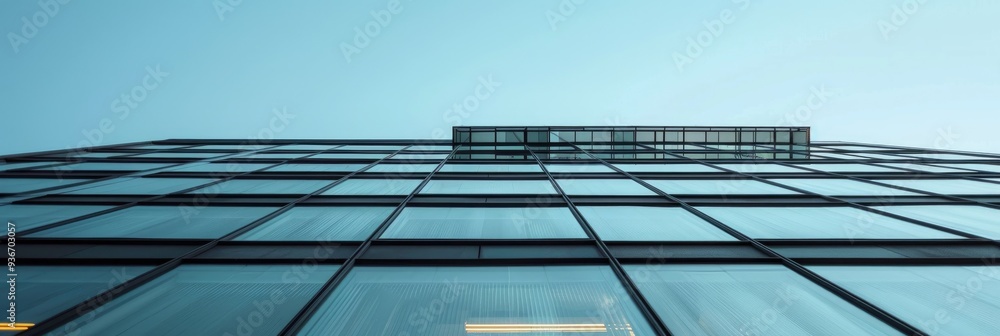 Poster a modern skyscraper featuring a sleek design and space for text under daylight.