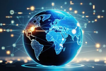 Fototapeta premium Blue Holographic Globe Featuring World Map and Illuminated Data Streams for Global Communication Networks