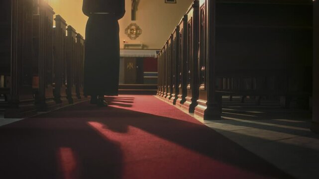 Low angle back view of nun in long black robe walking to altar along aisle and pews in Catholic Church