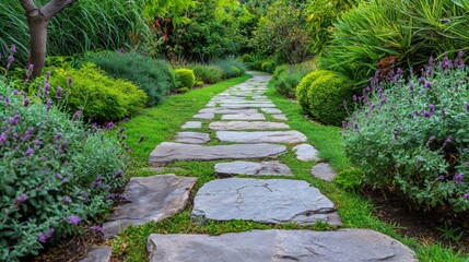 Obraz premium A stone path winds through a lush garden with vibrant greenery and blooming lavender flowers.