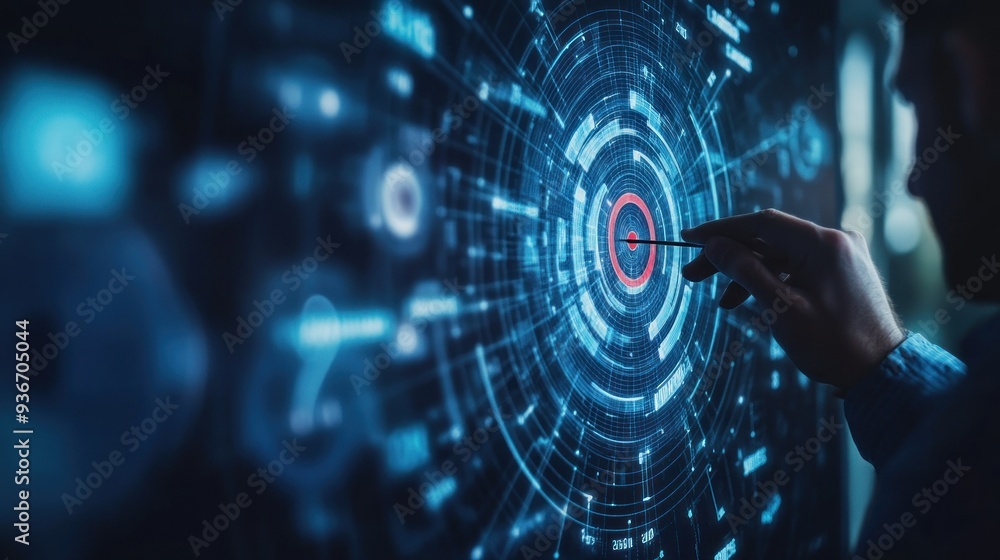 Poster Hand Pointing at a Red Target in a Blue Digital Interface
