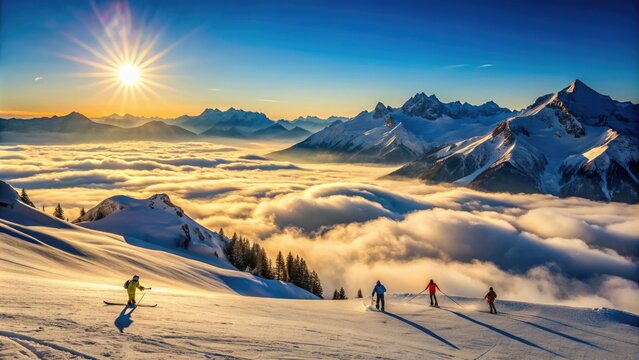 Snow-capped mountains tower above a sea of clouds as skiers glide effortlessly down the powdery slope, bathed in warm winter sunlight.