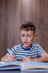 Naklejka premium Boy is doing his homework in the kitchen