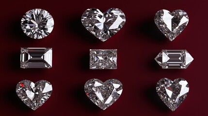A diverse array of diamonds in different cuts, including round, heart-shaped, and emerald-cut, set against a dark green background. Variety in diamond shapes and sizes, luxury jewelry concepts.