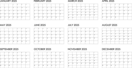 2025 year, 12 month yearly calendar. Simple black and white design	