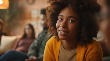 Obraz premium Peer Support Group: A woman engaging with peers in a support group setting, with copy space