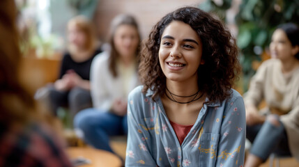 Peer Support Group: A woman engaging with peers in a support group setting, with copy space