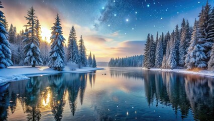 Obraz premium Snowflakes fall gently on a serene frozen lake surrounded by towering evergreen trees, creating a peaceful and magical winter wonderland atmosphere at dawn.