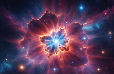 Fototapeta premium A vibrant nebula, glowing with red and blue light, dominates the dark canvas of space, while scattered stars twinkle in the distance