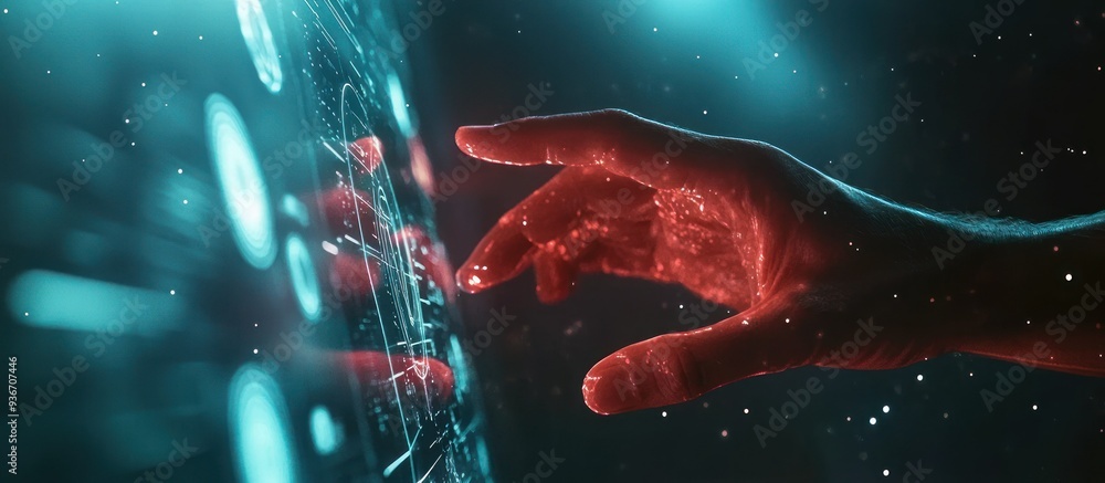 Poster a hand interacting with a futuristic interface